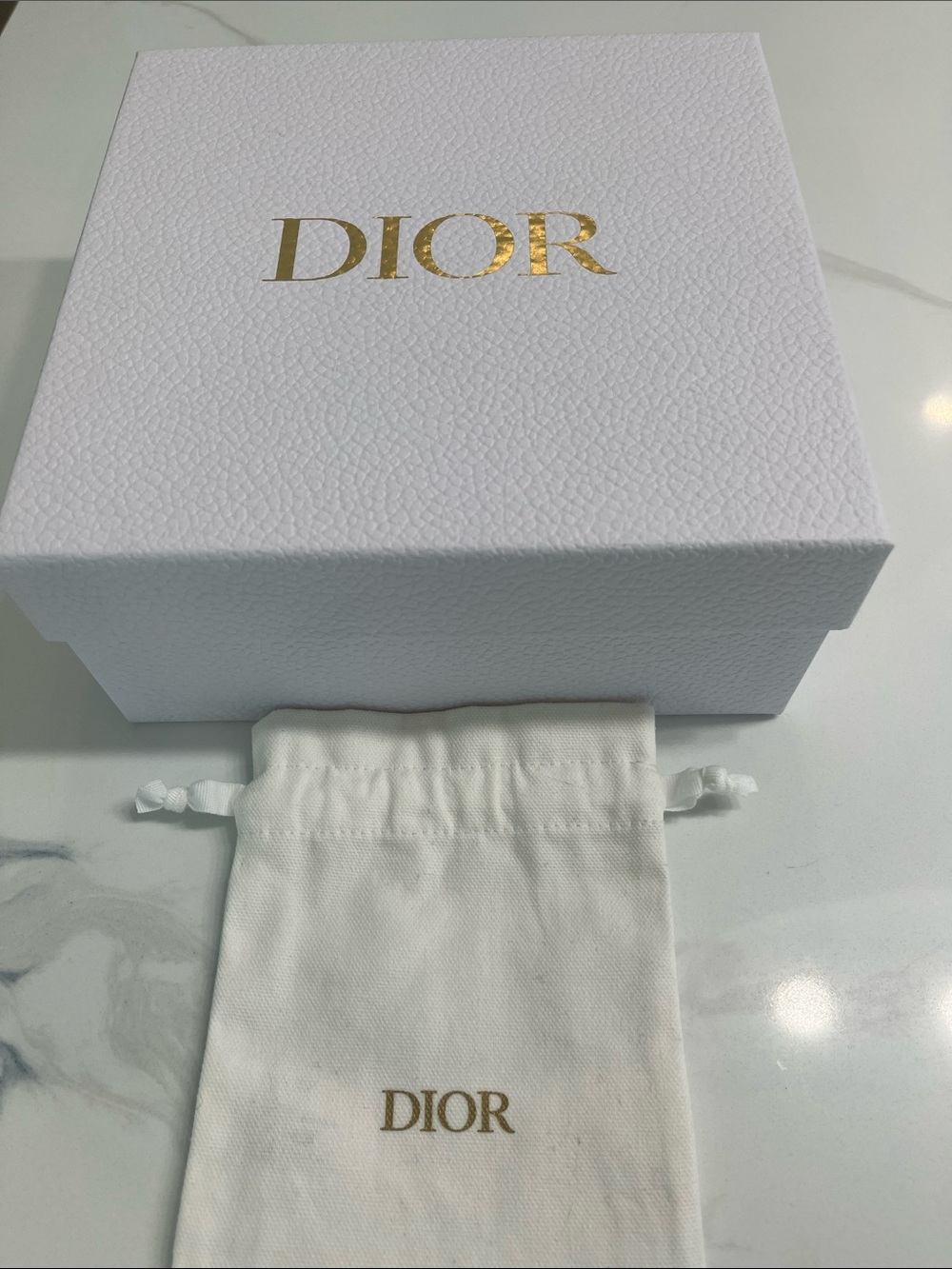 Dior White Box and White Drawstring Pouch with Gold Logo
